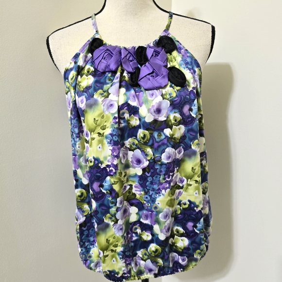 Sunny Leigh Tops - SUNNY LEIGH size Small Floral Satin Tank 3D Neckline Purple Green Cottagecore